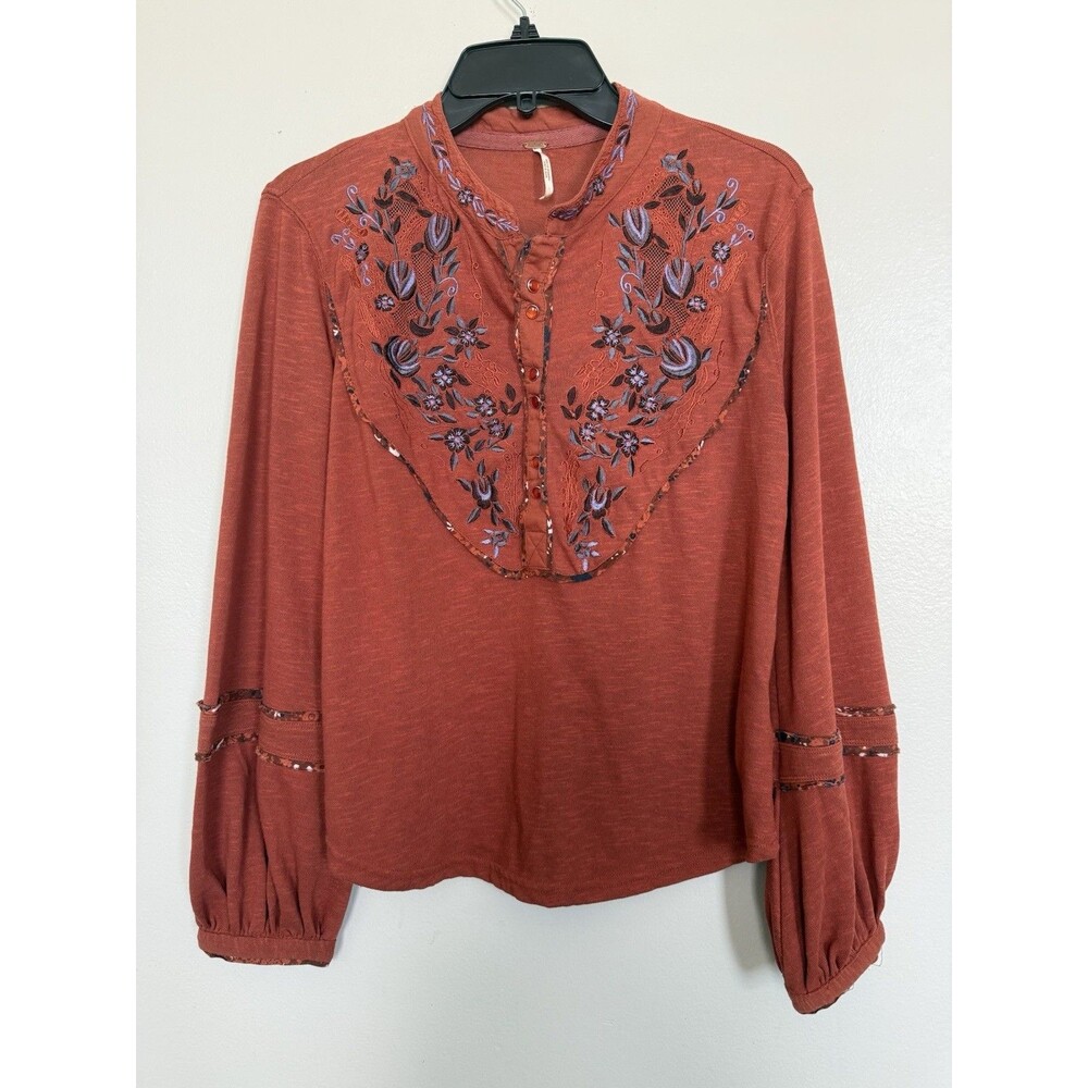 Free People Sz XS Orange Cedar Sundance Kid Embroidered Henley Shirt Boho